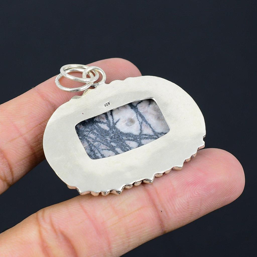 Natural Spider Web Jasper Gemstone Jewelry 925 Sterling Silver Pendant For Girls