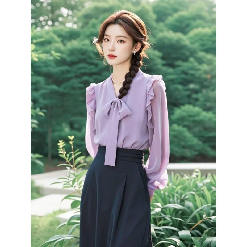 Women s Lavender V-Neck Bow Tie Ruffle Trim Sheer Long Sleeve Chiffon Blouse M фиолетовый