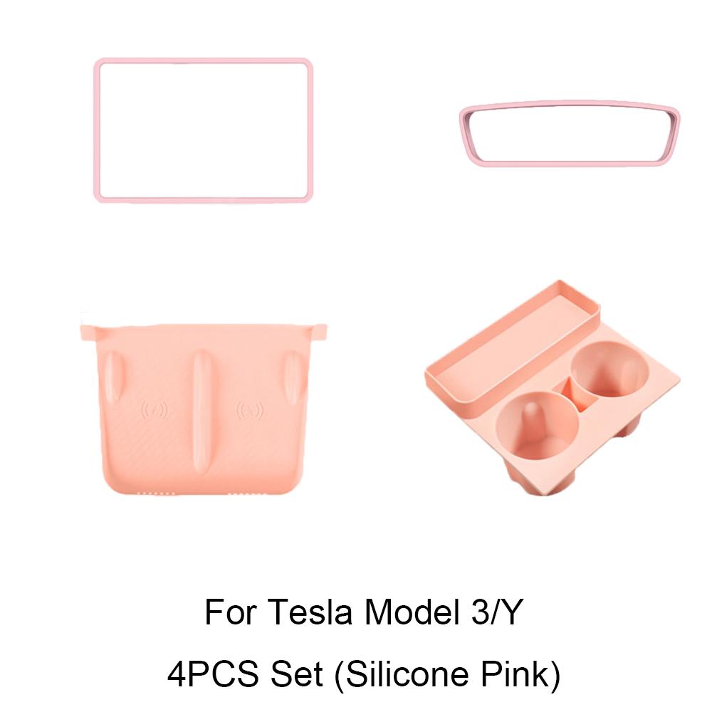 For Tesla Model 3/Y - Screen Silicone Protective Frame Wireless Charging Non-Slip Pad Card Limiter Silicone Cup Holder