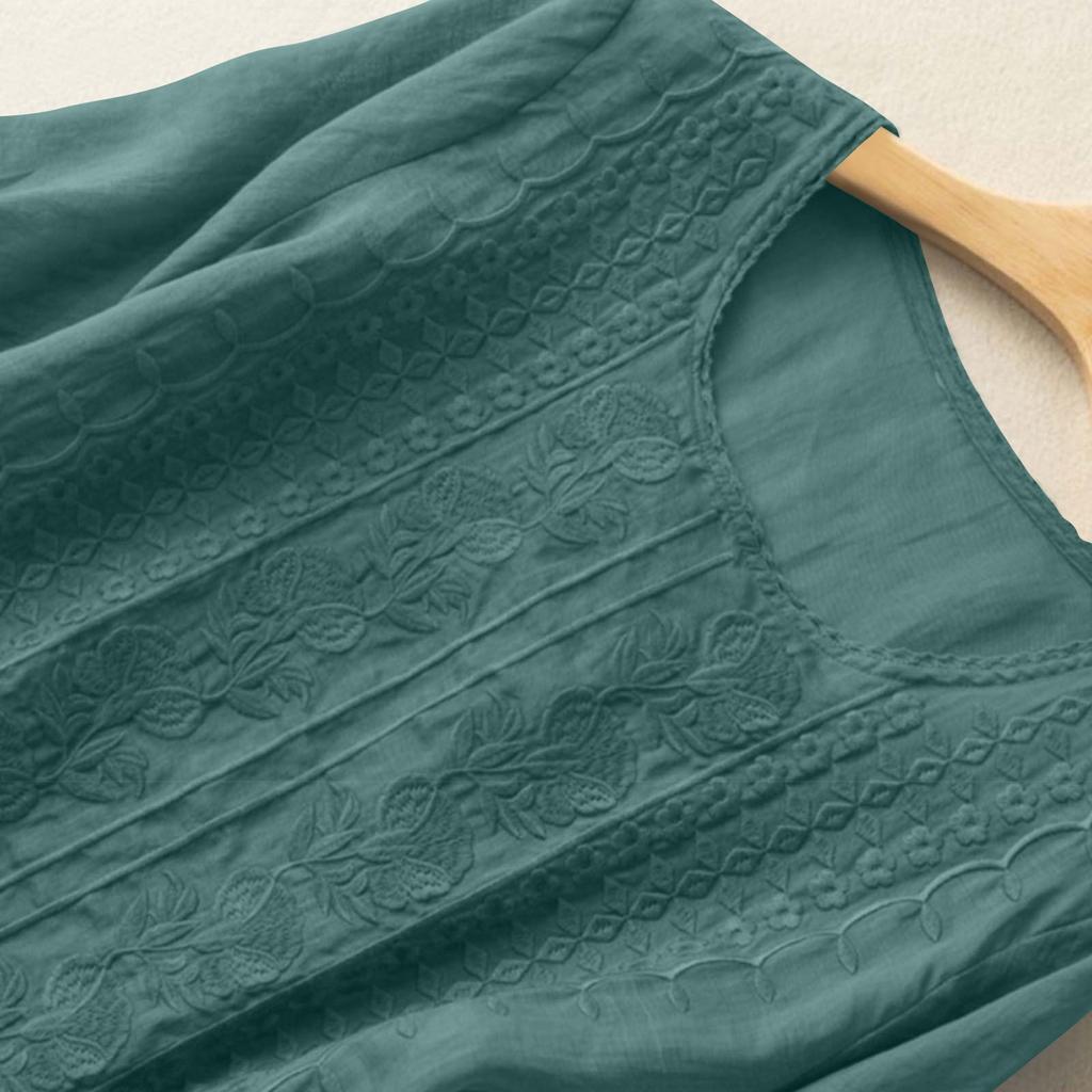 Dámské jednobarevné bavlněné a lněné tričko s krátkým rukávem, vyšívané, retro, prodyšné, s kulatým výstřihem