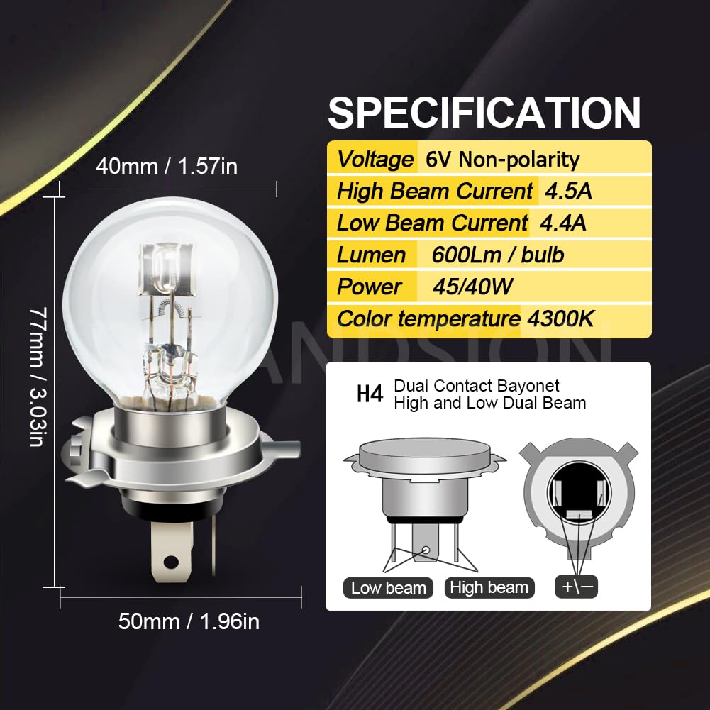 Ruiandsion H4 P43T Halogen Bulb 6V Headlight 45/40W 6 Volt