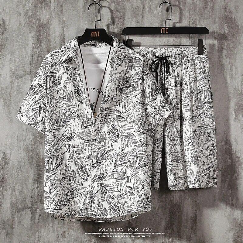 Erkek Set Kısa Kollu Hawaii Gömlek ve Şort Yaz Rahat Çiçek Gömlek Plaj Iki Parçalı Takım Elbise Moda Erkek Setleri