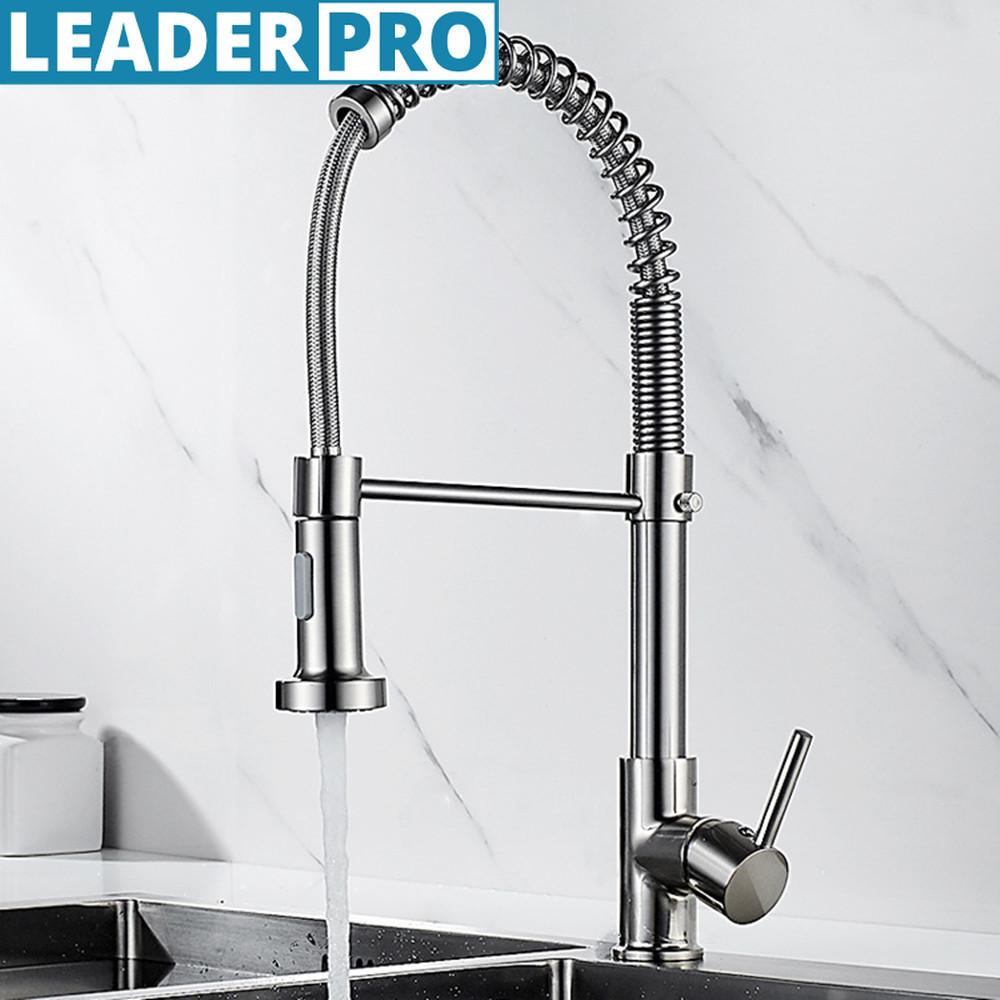 Brushed Brass Nickel Hot & Cold Kitchen Sink Faucets 360 Rotation Single Lever Pull Out Spring Spout Water Mixers Tap Crane