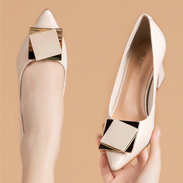 Pointed high heels autumn thick heel medium heel temperament fashionable soft leather French single shoes not tired feet women's shoes