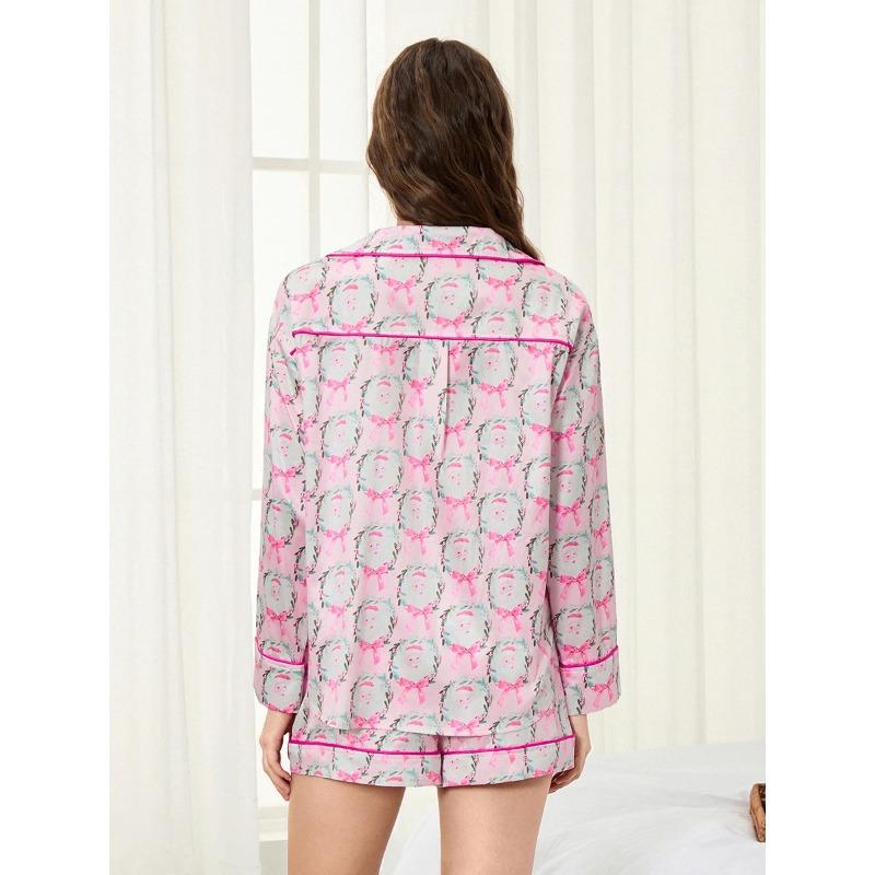 Women Christmas Pajama Shorts Set Santa Colorful Print Nutcracker Pjs Long Sleeve Shirt Shorts 2 Piece Holiday Loungewear