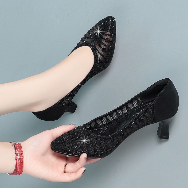 Breathable High Heels Women's Summer Bag Head Mesh Rhinestone Pointed Toe Openwork Women's Sandals