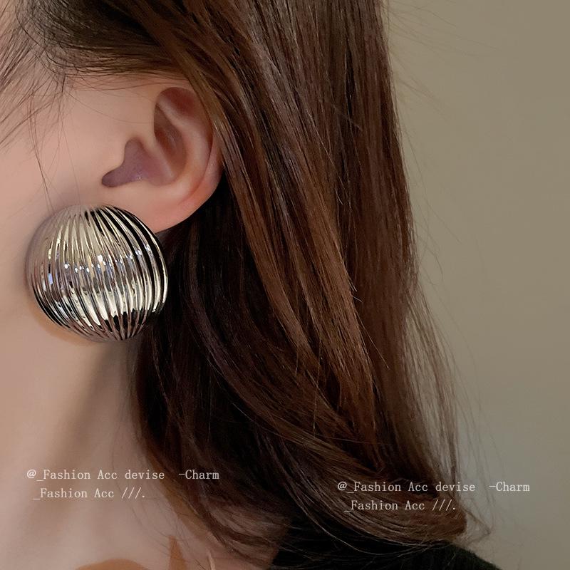 Silver Needle Semicircle Metal Earrings - European & American Exaggerated Style Fashion Studs for Women