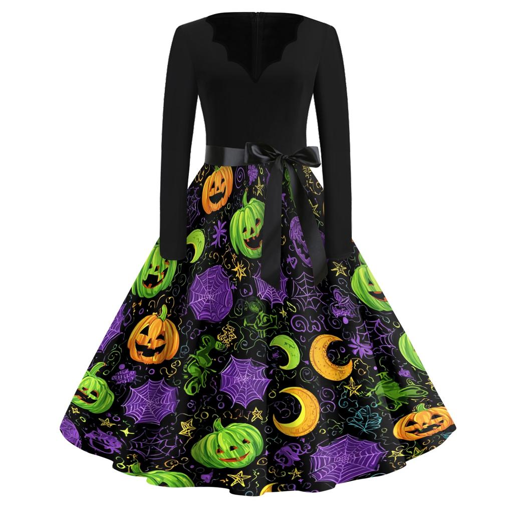 Women's Casual Vintage Halloween Dress V Neck Long Sleeve Floral Print Retro Style A Line Midi Dress with Waist Tie