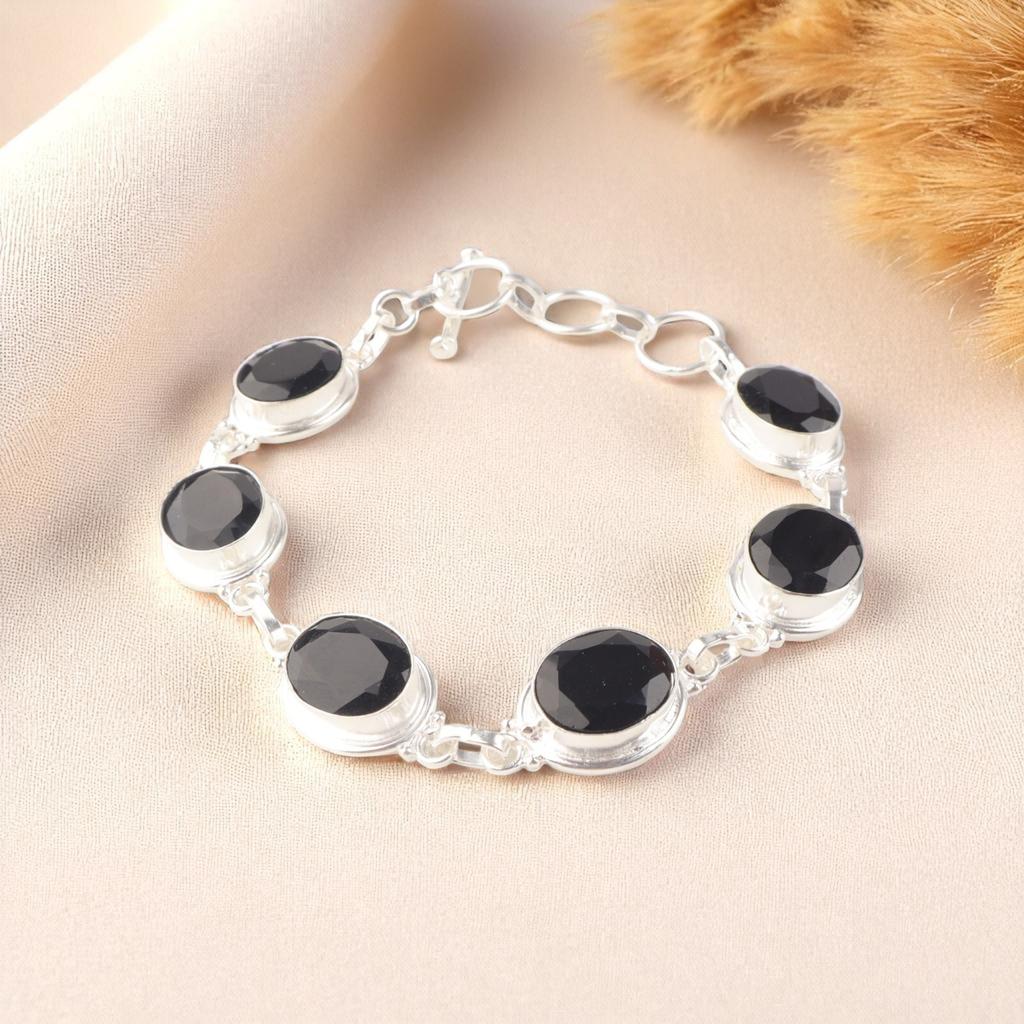 Black Onyx Gemstone 925 Sterling Silver Jewelry Handmade Bracelet 8.5" For Women RB-3-5