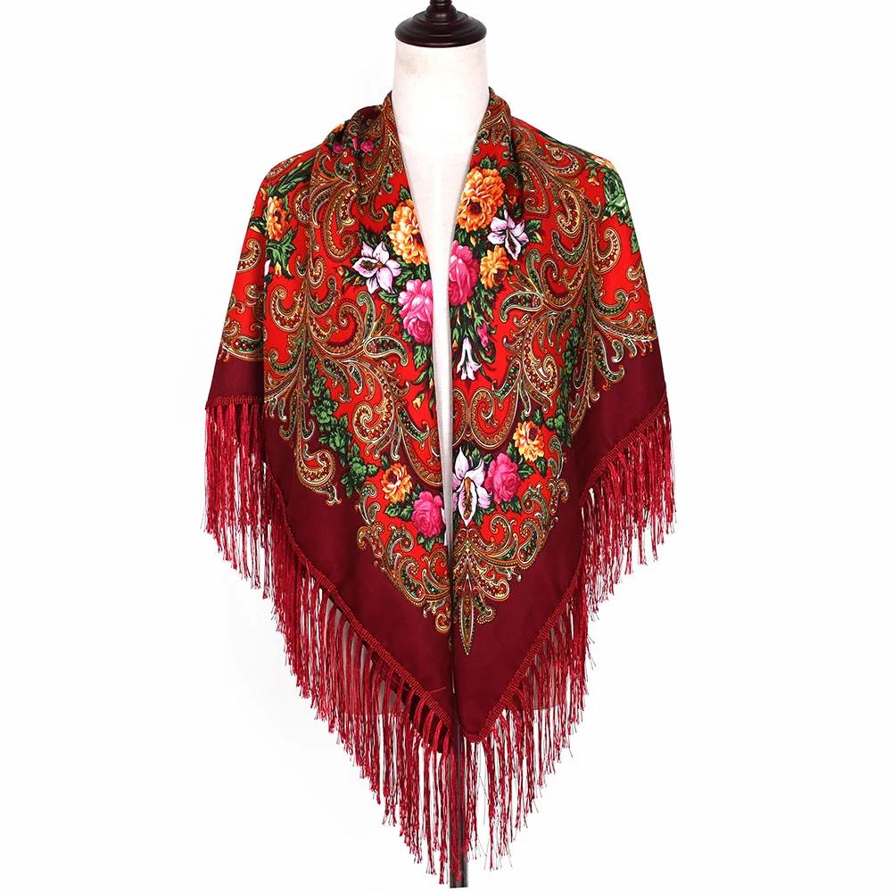 Floral Printed Bohemian Scarf Fringed Shawl Headscarf Russian Babushka Scarves Women National Muslim Head Wrap Square