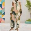 Women Plus Size Round Neck Long Sleeve Printed Layered Top Wide Leg Cropped Pants Two Piece Set