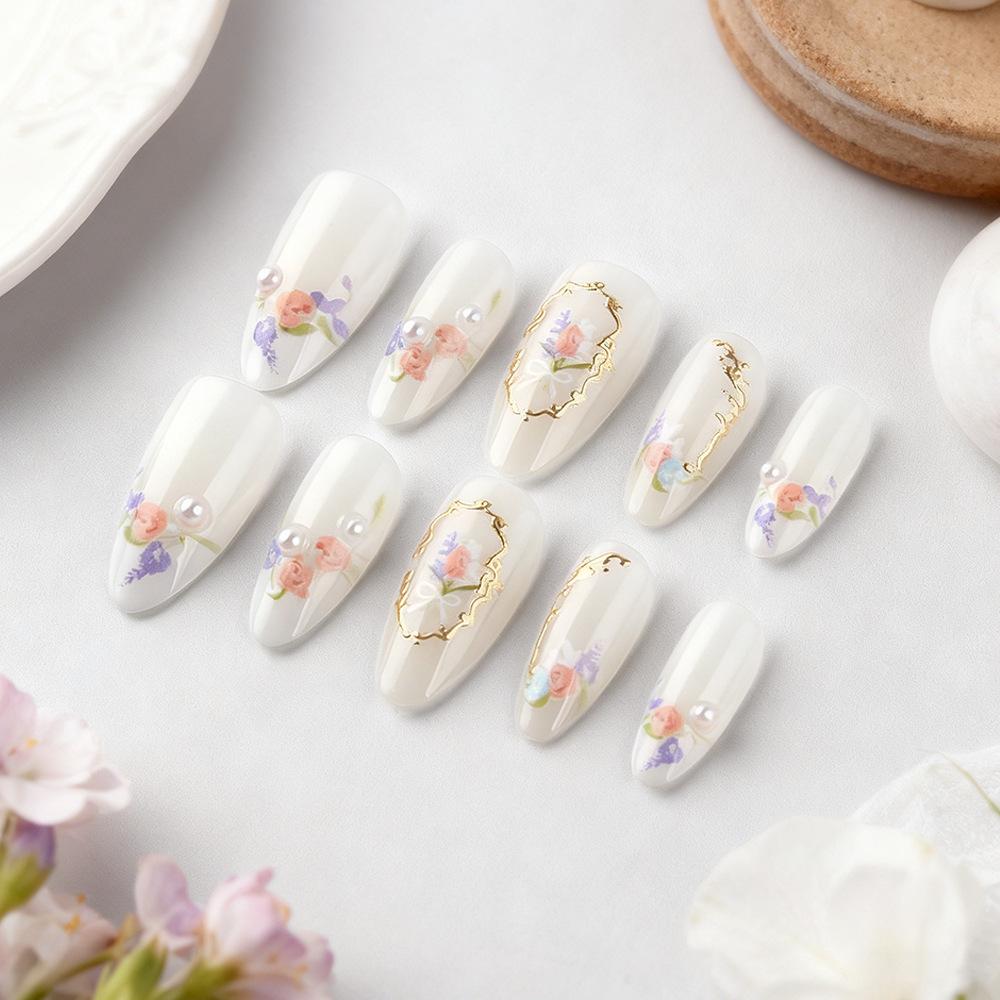 30pcs 3D Floral French Almond Fake Nails for Spring/Summer Manicures