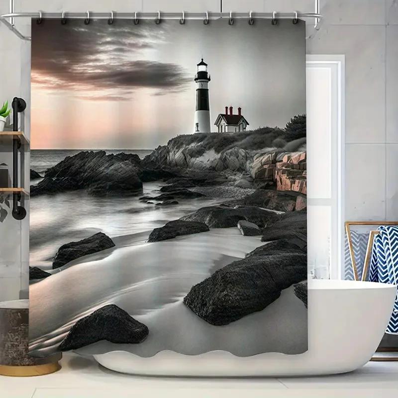 

Modern Bathroom Shower Curtain with Lighthouse Design Waterproof Fabric for Home Decor 3D Printing Customizable Size (Black Whit W90xH180cm