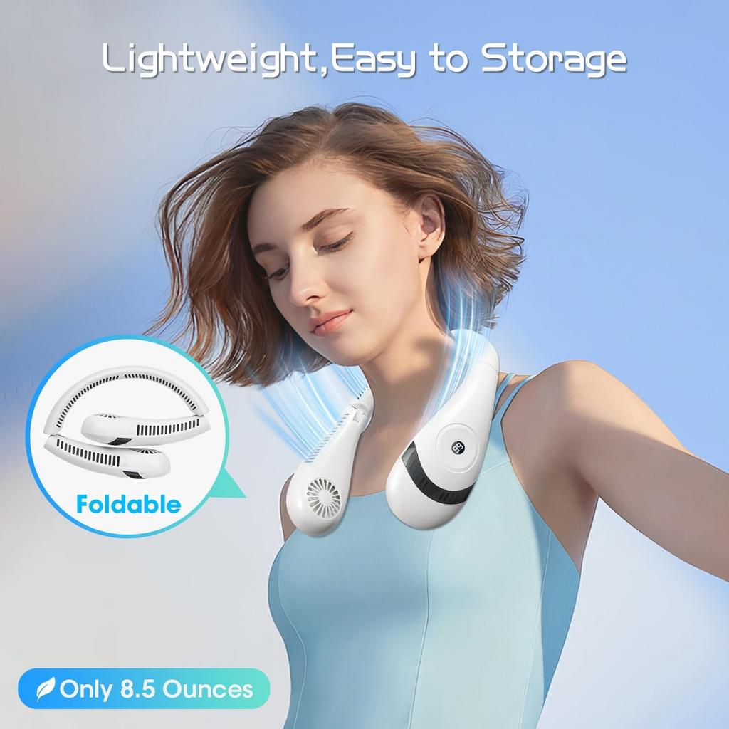 OLV Neck Fan 5000mAh Rechargeable Battery Portable Fan 360° Bladeless Cooling 3 Speeds Powerful Airflow Personal Foldable Neck Fan Gifts for Men