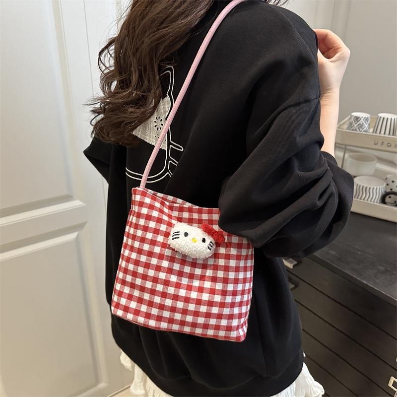 Plaid new cartoon cute shoulder bag female college students class shopping casual Hello Kitty versatile