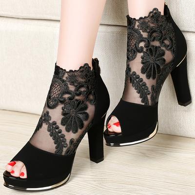 Mesh Coarse Heels Lace Fish Mouth Sandals