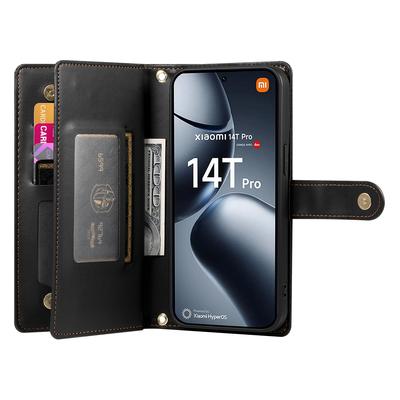 DF-011 For Xiaomi 14T Pro Case Zipper Pocket Wallet Leather Phone Cover with Straps