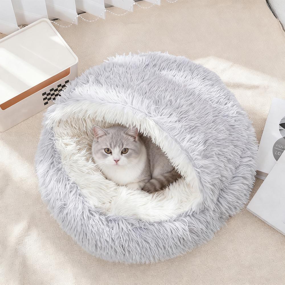 Pet Shell Nest Bed Warm Calming Cat Cave Bed with Hooded Cover Semi Enclosed Fluffy Plush Lined Round Bed for Small Medium Pets