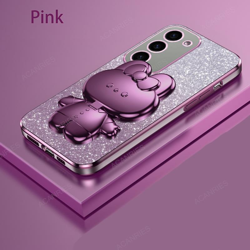 Cute 3D Rabbit Makeup Mirror Stand Plating Case For Samsung Galaxy S23 Ultra S22 Plus 5G S21 S20 FE Protect Back Cover S 23 22