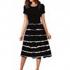 Women's Casual Fashion Belted Striped Printed Short Sleeve Round Neck Elegant Flowing Dress