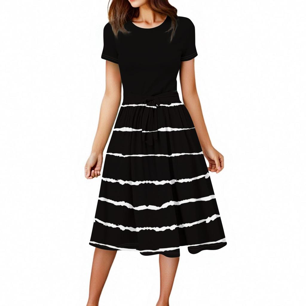 Women's Casual Fashion Belted Striped Printed Short Sleeve Round Neck Elegant Flowing Dress