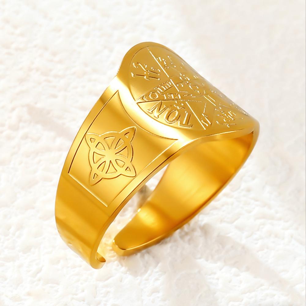 Dawapara Witch Knot and Tetragrammaton Pentagram Ring Double Protection Symbol Adjustable Ring Stainless Steel Wiccan Jewelry