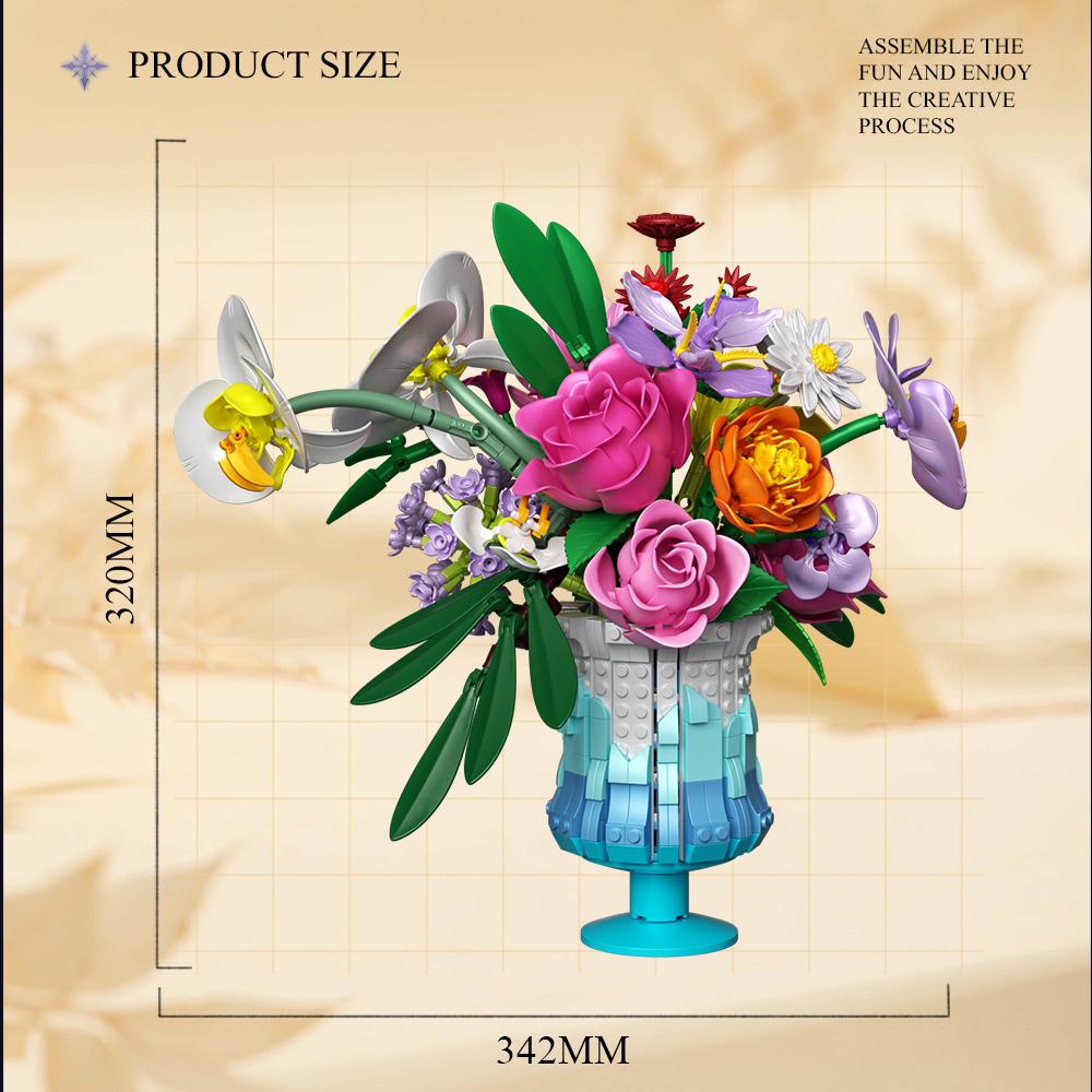 Non-Toxic 956Pcs Preserved Flowers Building Blocks Rose Daisy Lily Bouquet Vase Model Bricks Home Decoration Ornaments Kids Toys Gifts