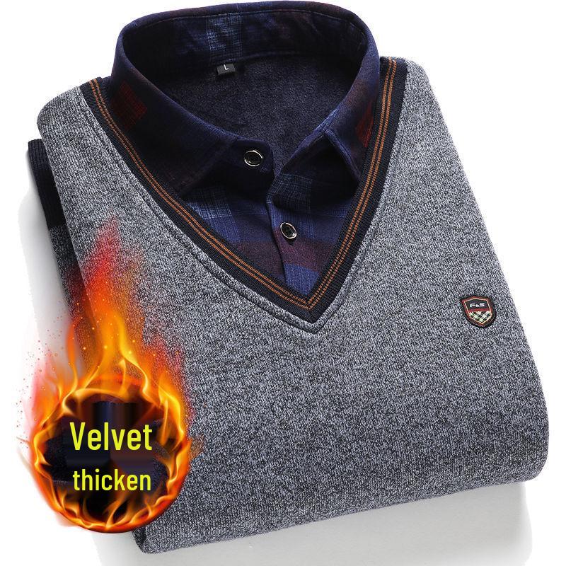 Men's Fleece-Lined Two-Piece Shirt Collar Sweater for Middle-Aged & Elderly