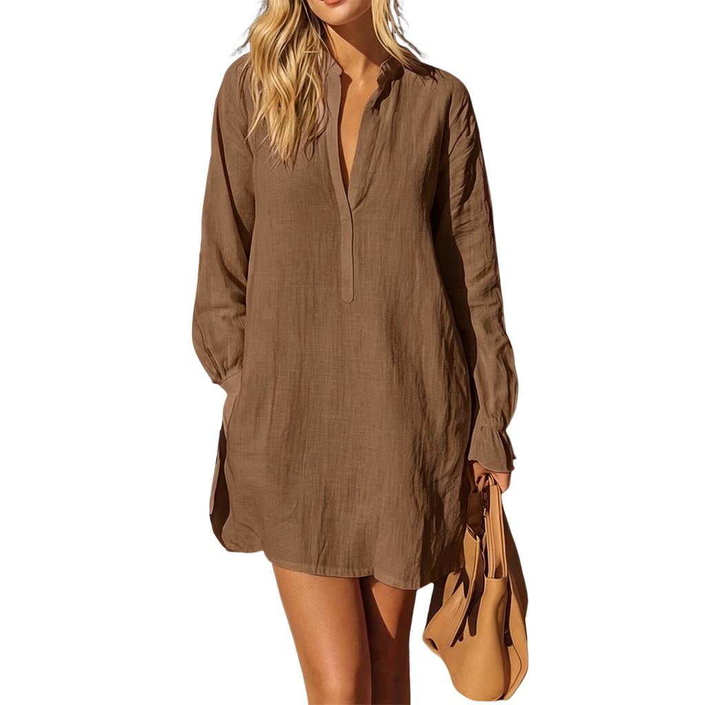 Abito a camicia da donna a vestibilità larga, manica lunga, collo Henley, tunica casual, tessuto leggero e confortevole