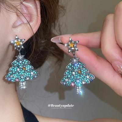 Silver Needle Rhinestone Star Christmas Tree Earrings: Sparkly, Versatile, High-End Fashion Jewelry