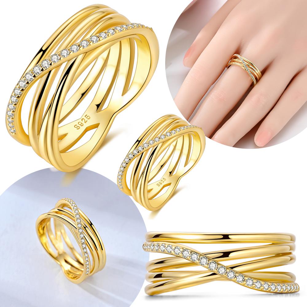 Authentic copper Golden Multilayer Interwoven Ring Geometric Lines White Zirconia Womens Ring Accessory Valentine Fine Gift