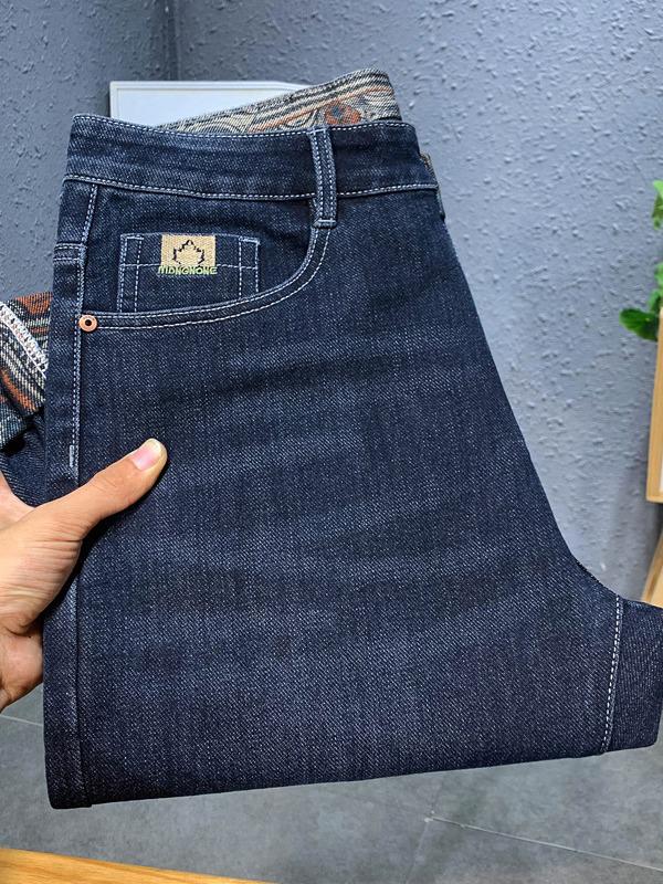Men's Full-Bottom Printed Stretch Jeans - Thick Autumn/Winter Casual Straight Pants, Trendy and Comfortable