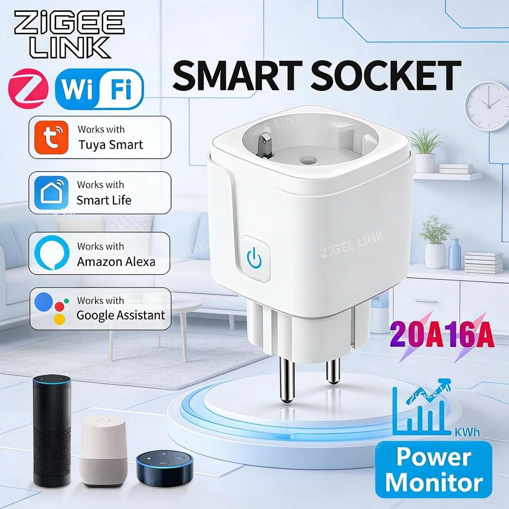 תקע חכם Tuya WiFi/ZigBee EU 16A/20A שקע חזק עם צג הספק, טיימר שליטה מרחוק קולית עבור מחמם מים מזגן מכשירי חשמל
