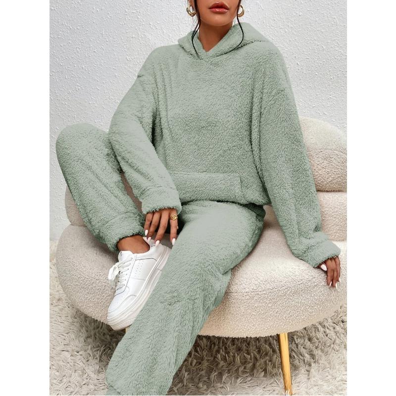 

Новая повседневная женская одежда для осени и зимы, однотонный плюшевый костюм с капюшоном и длинными рукавами и брюками для женщин 4XL