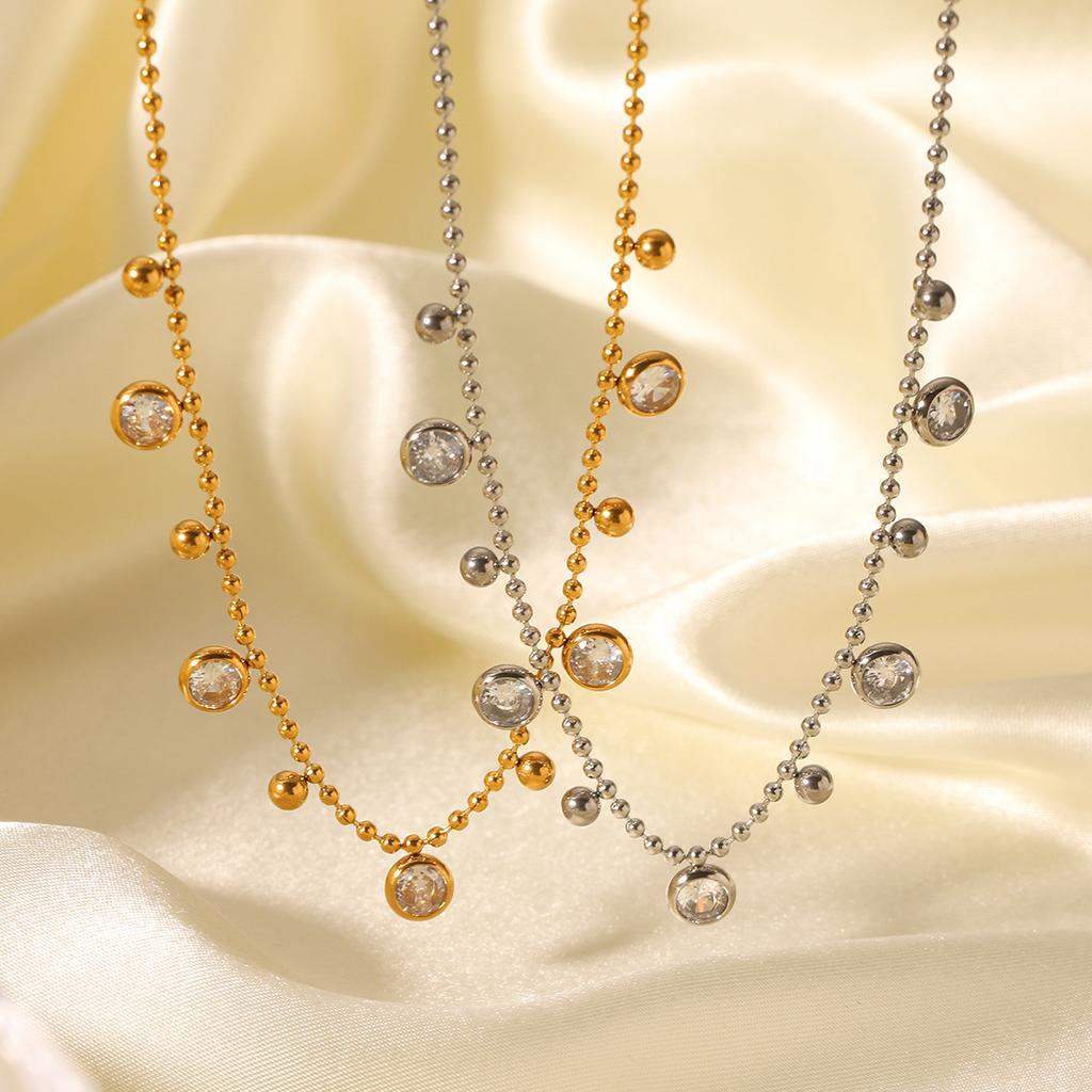 Stainless steel round bead chain tassel zircon necklace for women, high-end clavicle chain, titanium steel jewelry, non-fading