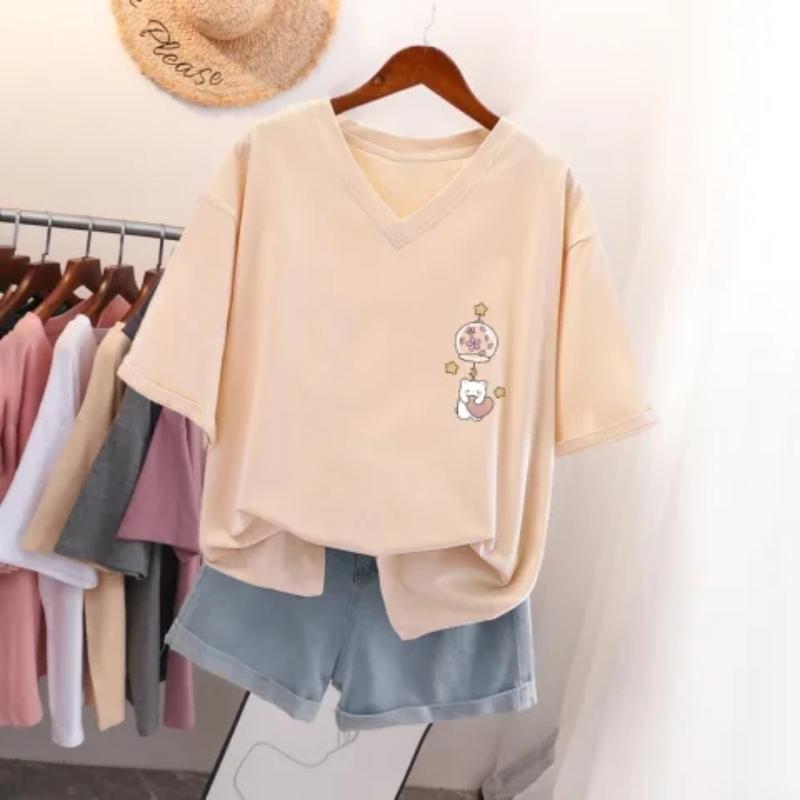 

Женская футболка с коротким рукавом, большого размера, свободная и стройнящая, топ с V-образным вырезом с принтом 5XL абрикосовый