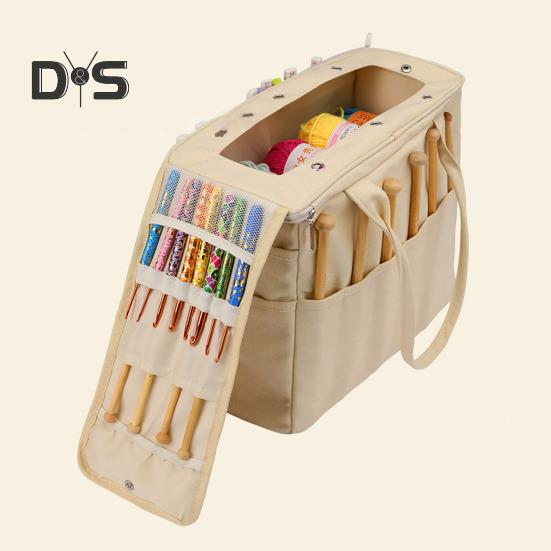 Canvas Yarn Storage Bag Solid Knitting Bag Handle Design Lightweight Portable Large Capacity Tote Organizer with Multi-layer Pockets