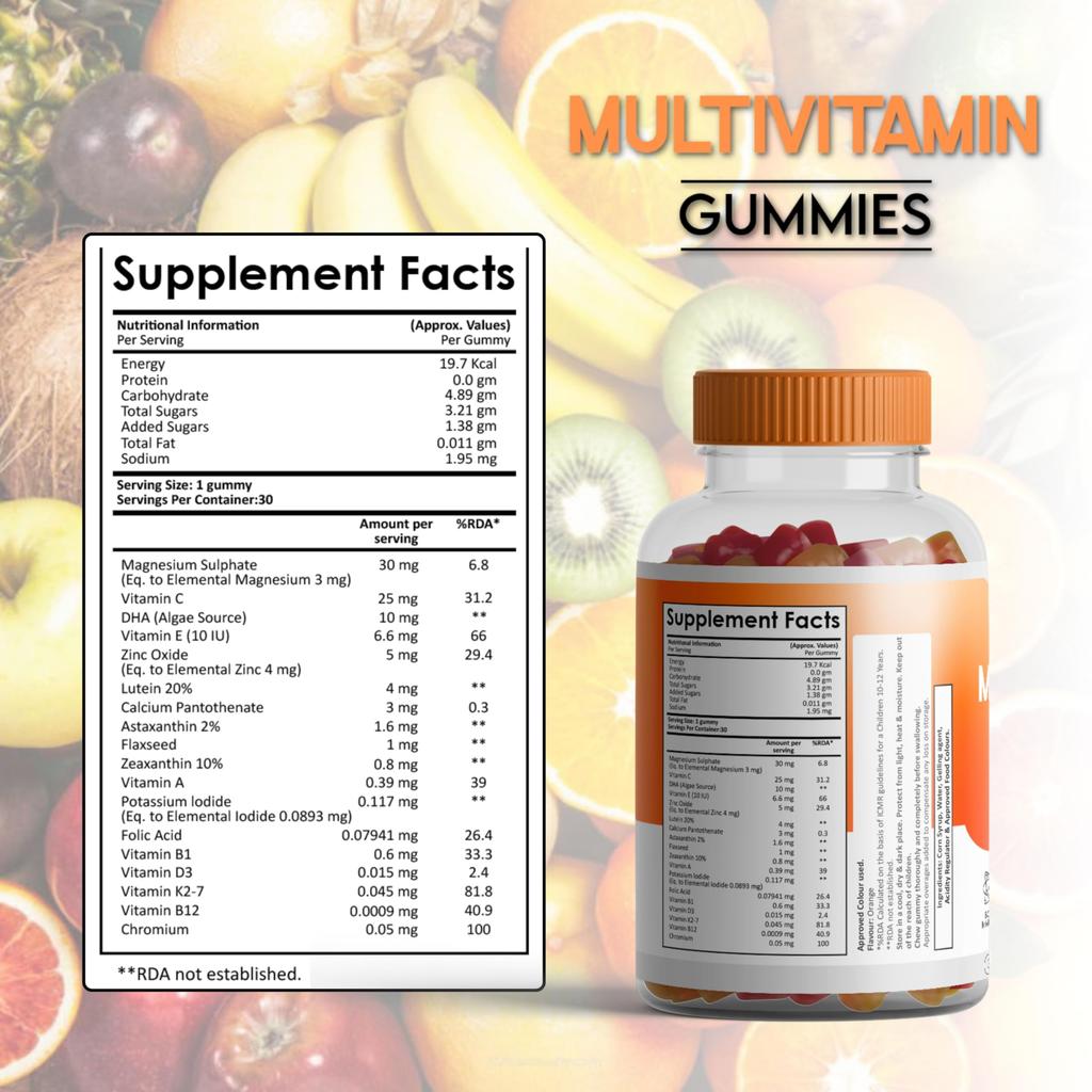 Vedapulse Orange Flavour Multivitamin Gummies | No Added Sugar | 30 Gummies with Essential Vitamins & Minerals