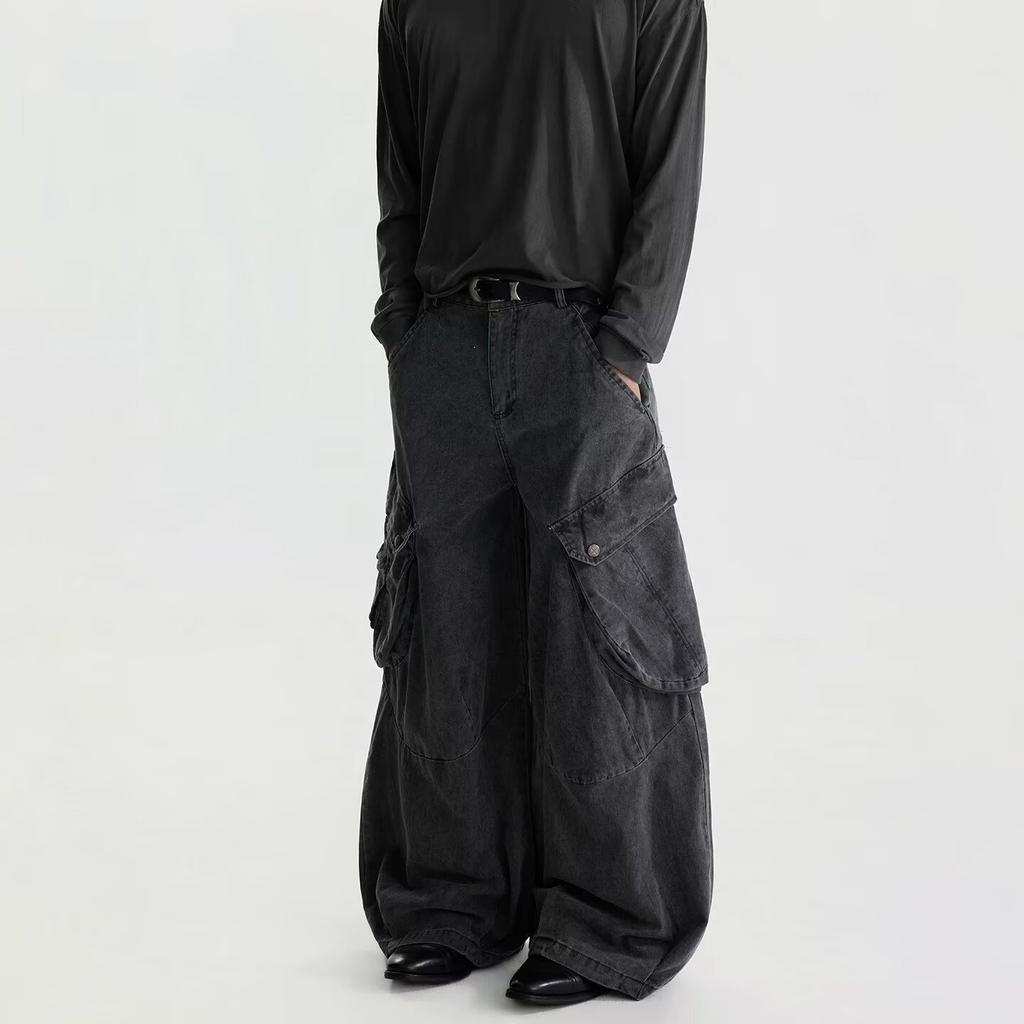 Retro tooling jeans men's spring niche design sense large pockets loose straight wide-leg casual trousers