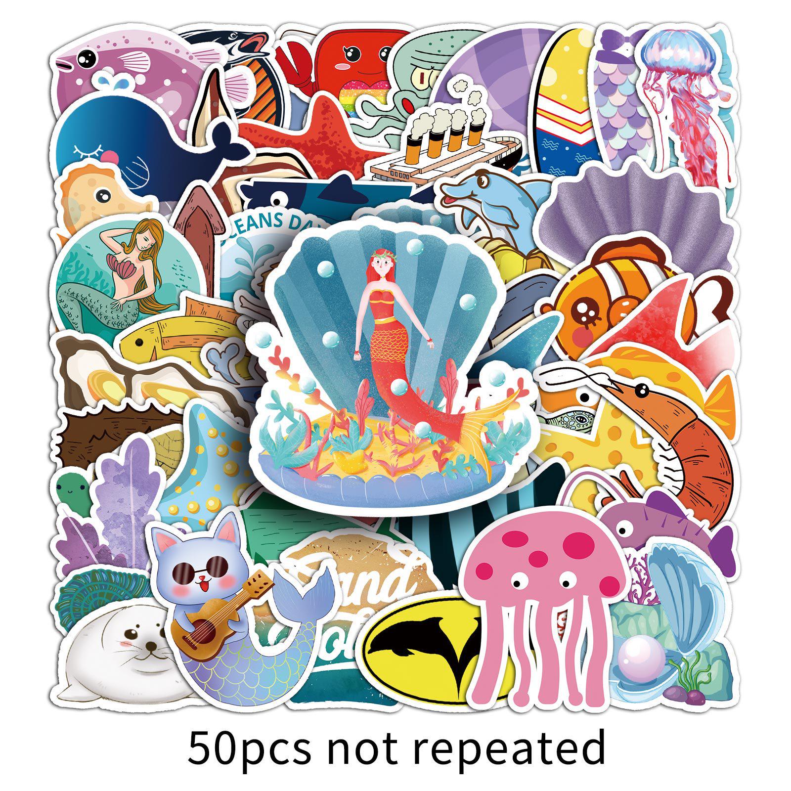 50 Ocean Series Marine Life Waterproof Stickers: Cartoon Design for Phone Cases & Luggage