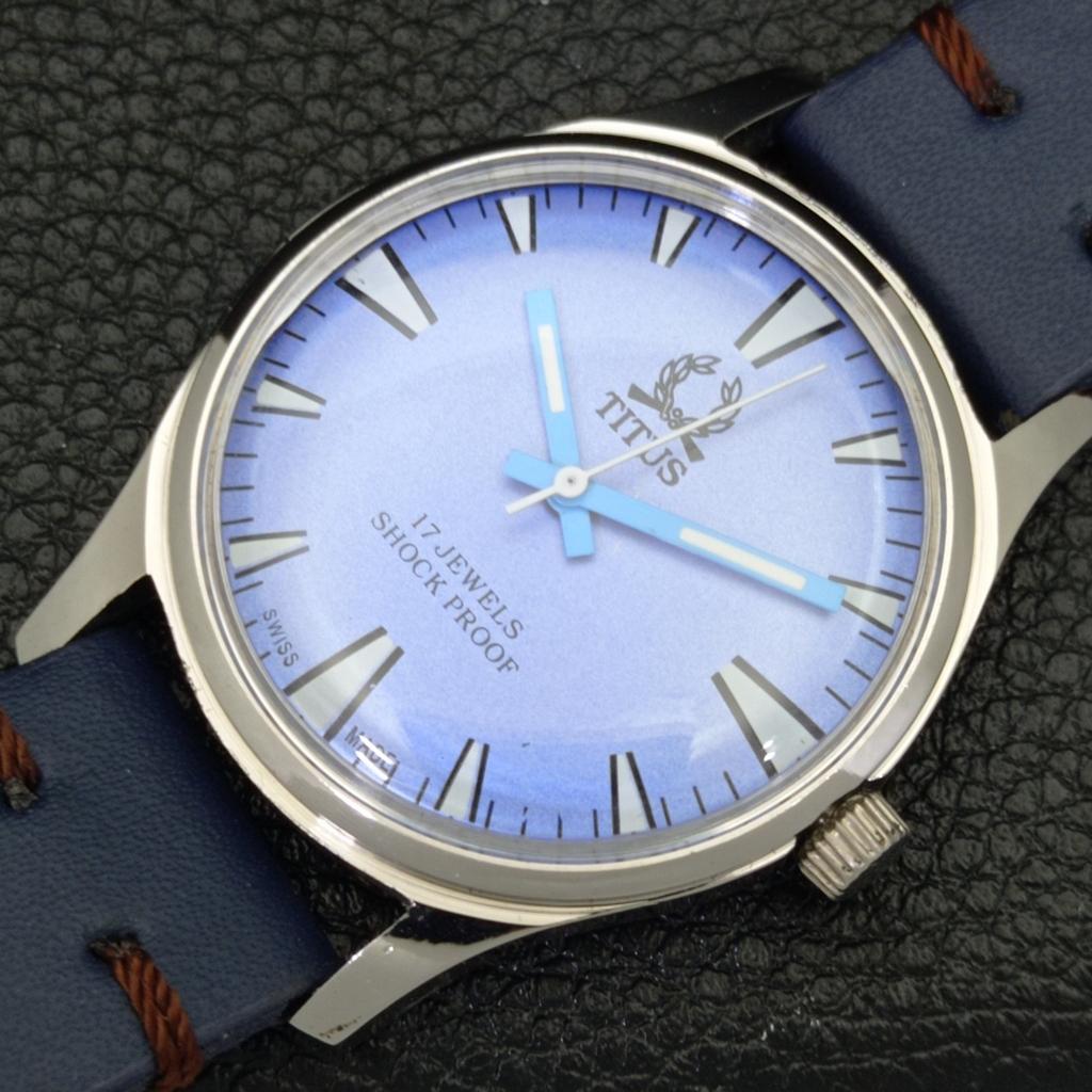 SWISS VINTAGE TITUS HAND-WINDING MENS REFURBISHED SKY BLUE DIAL WATCH A500065-2 R151a-a500065