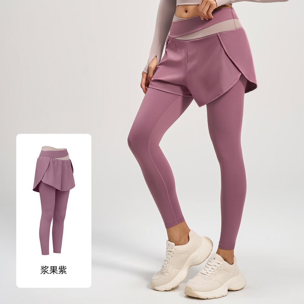 Color matching anti-light fake two-piece yoga pants high waist belly pocket pants sports fitness pants