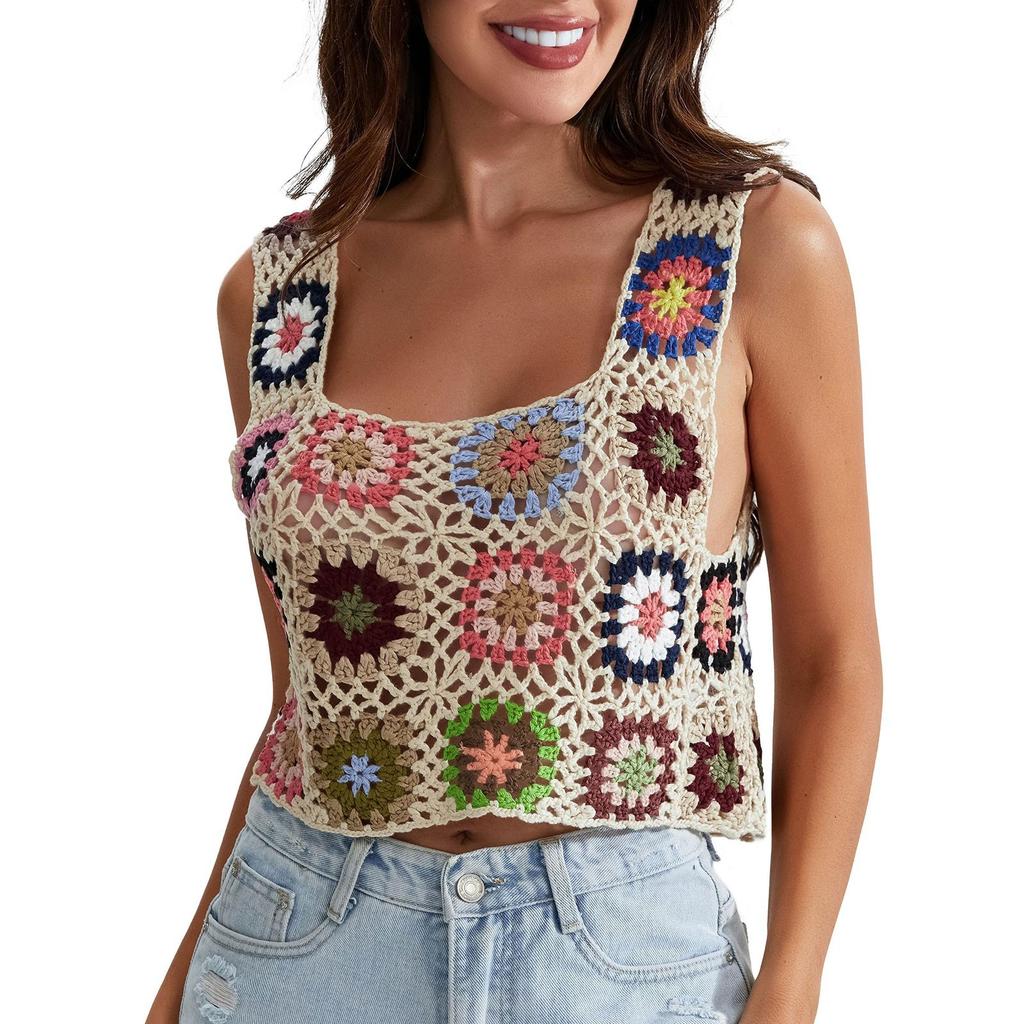 Gilet a Maglia all'Uncinetto da Donna Y2K Crop Top Senza Maniche Canotta Lavorata a Maglia Vuota Abbigliamento da Spiaggia Estivo Pullover Leggero Casual