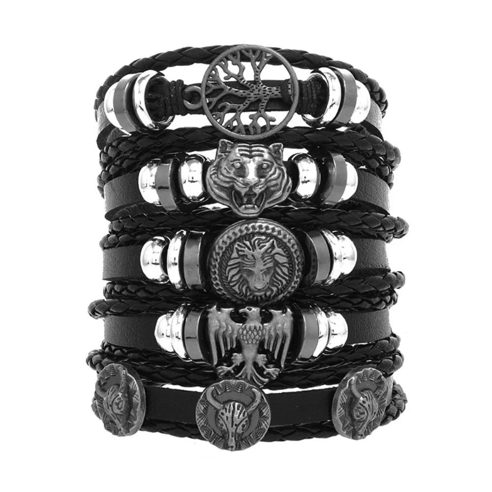 1 Mode-Armband Wikinger-Armband Für Männer Handgelenk-Armbänder Geflochtenes Totenkopf-Hand-Schmuckstück Verstellbares Leder-Set-Armband Für Leder