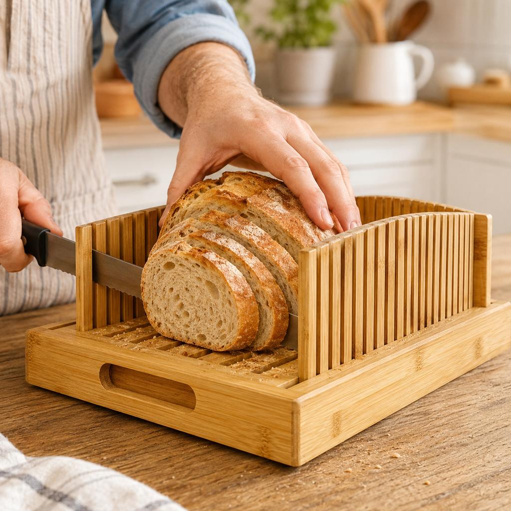 Wooden Bread with Adjustable Thickness - Manual Guide for Homemade Bread Cutting, Sturdy Baking Tool