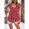 Women's Summer Casual Floral Square Collar Top with Short Sleeves