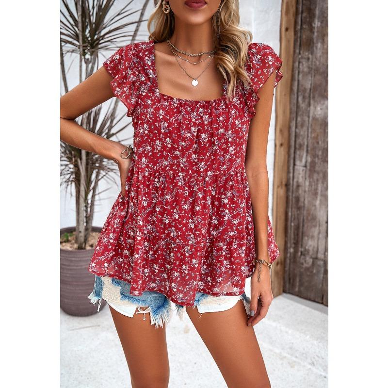 Women's Summer Casual Floral Square Collar Top with Short Sleeves