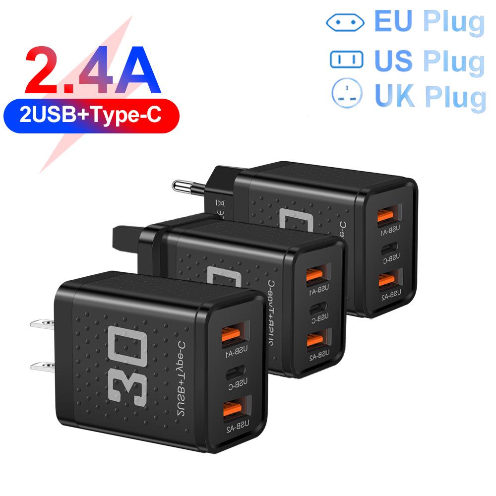 2.4A PD + 2-USB Travel Charger with US, EU, UK Plugs