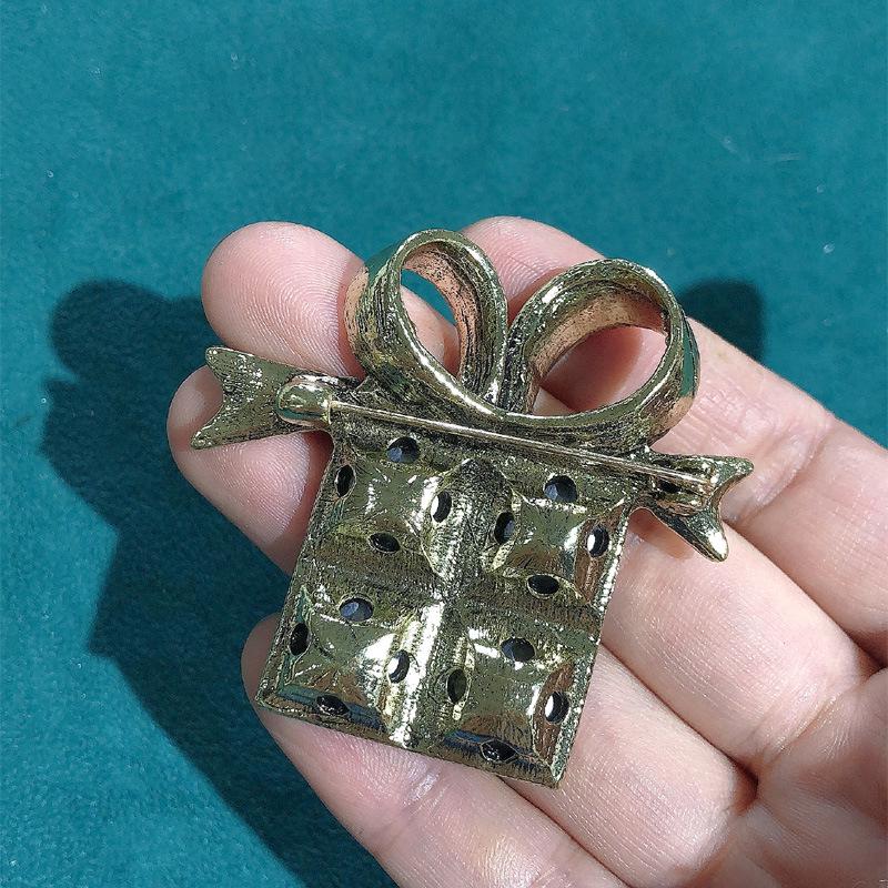 Retro Christmas Glass Rhinestone Brooch Gift Box - Fashion Holiday Pin for Coats and Suits