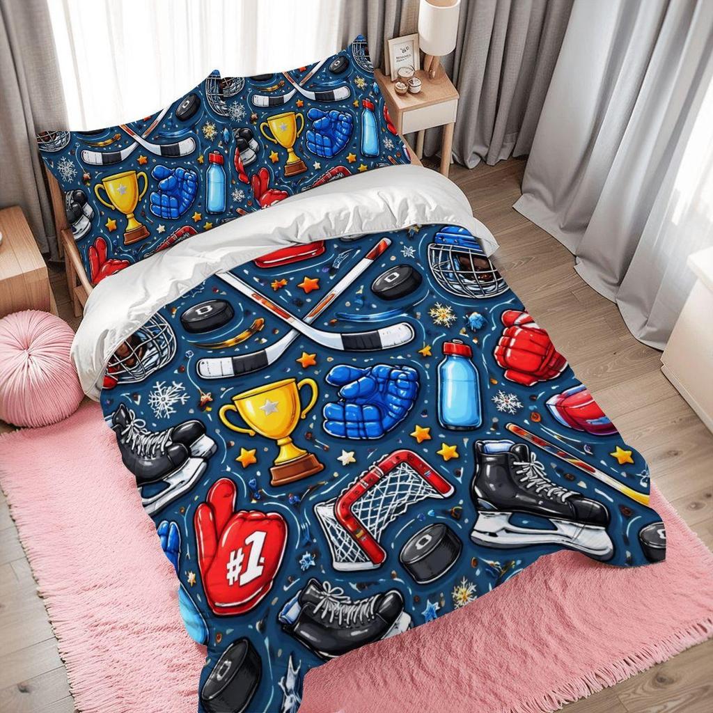 Ice Hockey Theme for Kids Full Duvet Cover Set - 80-90 Inch - 203-229 Cm